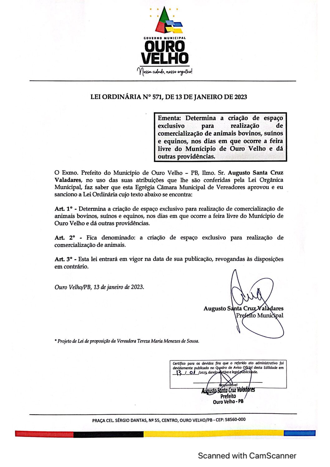 LEI ORDINÁRIA N° 571, DE 13 DE JANEIRO DE 2023