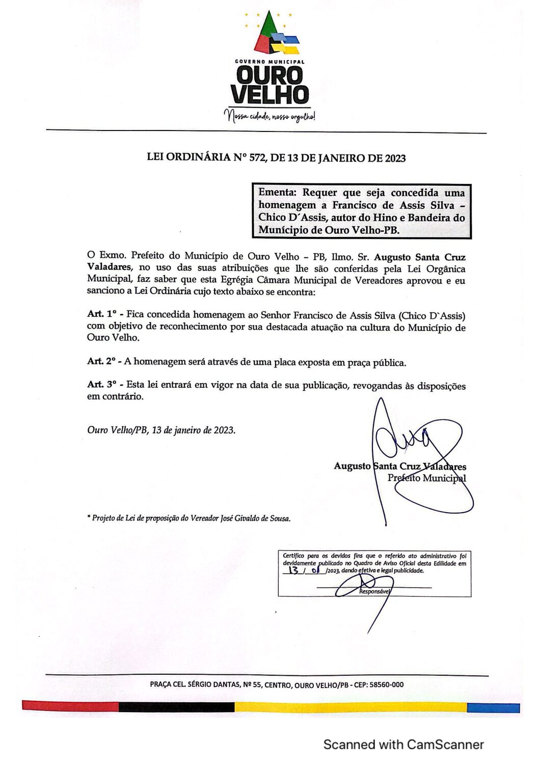 LEI ORDINÁRIA N° 572, DE 13 DE JANEIRO DE 2023