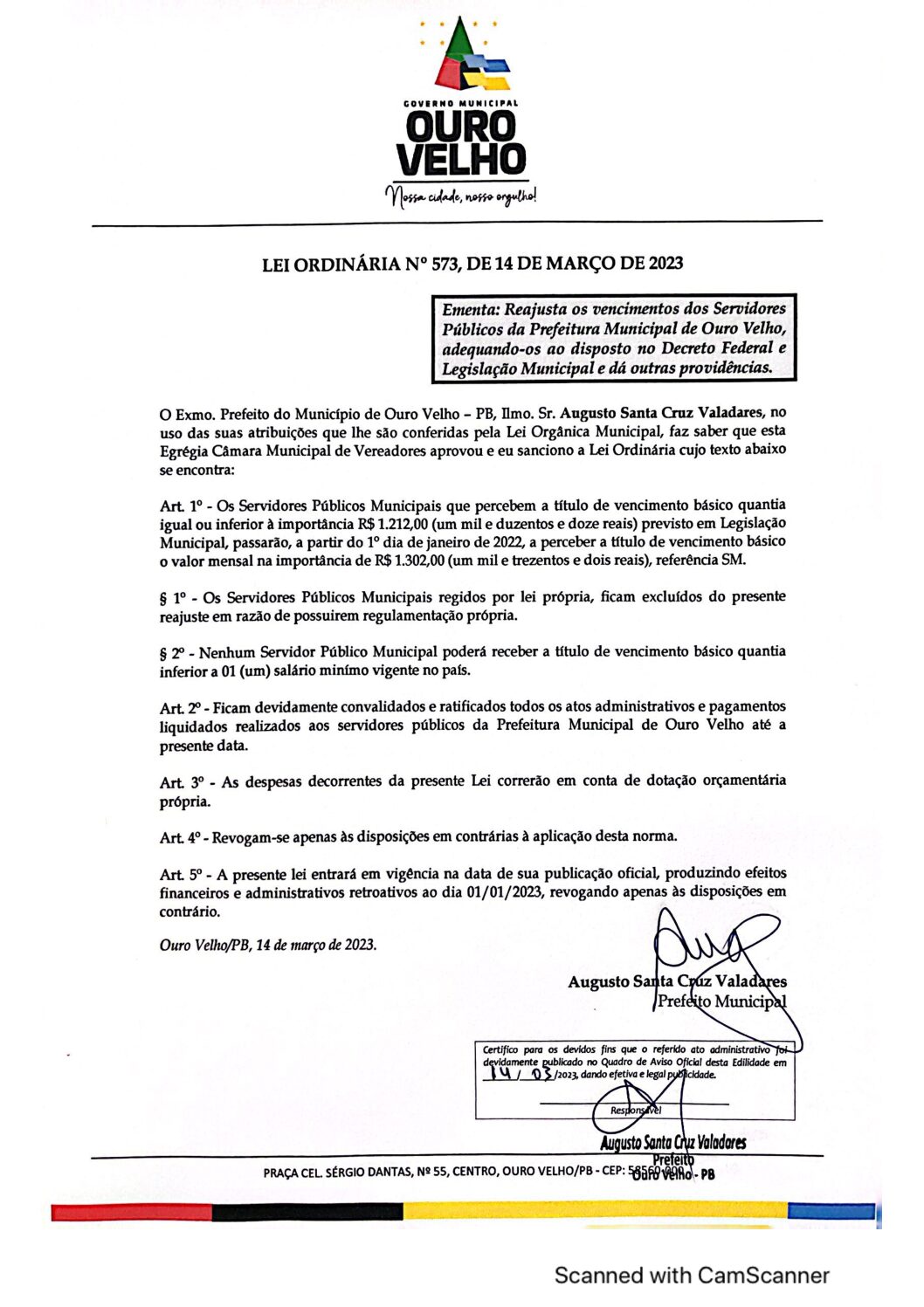 LEI ORDINÁRIA N° 573, DE 14 DEMARÇO DE 2023