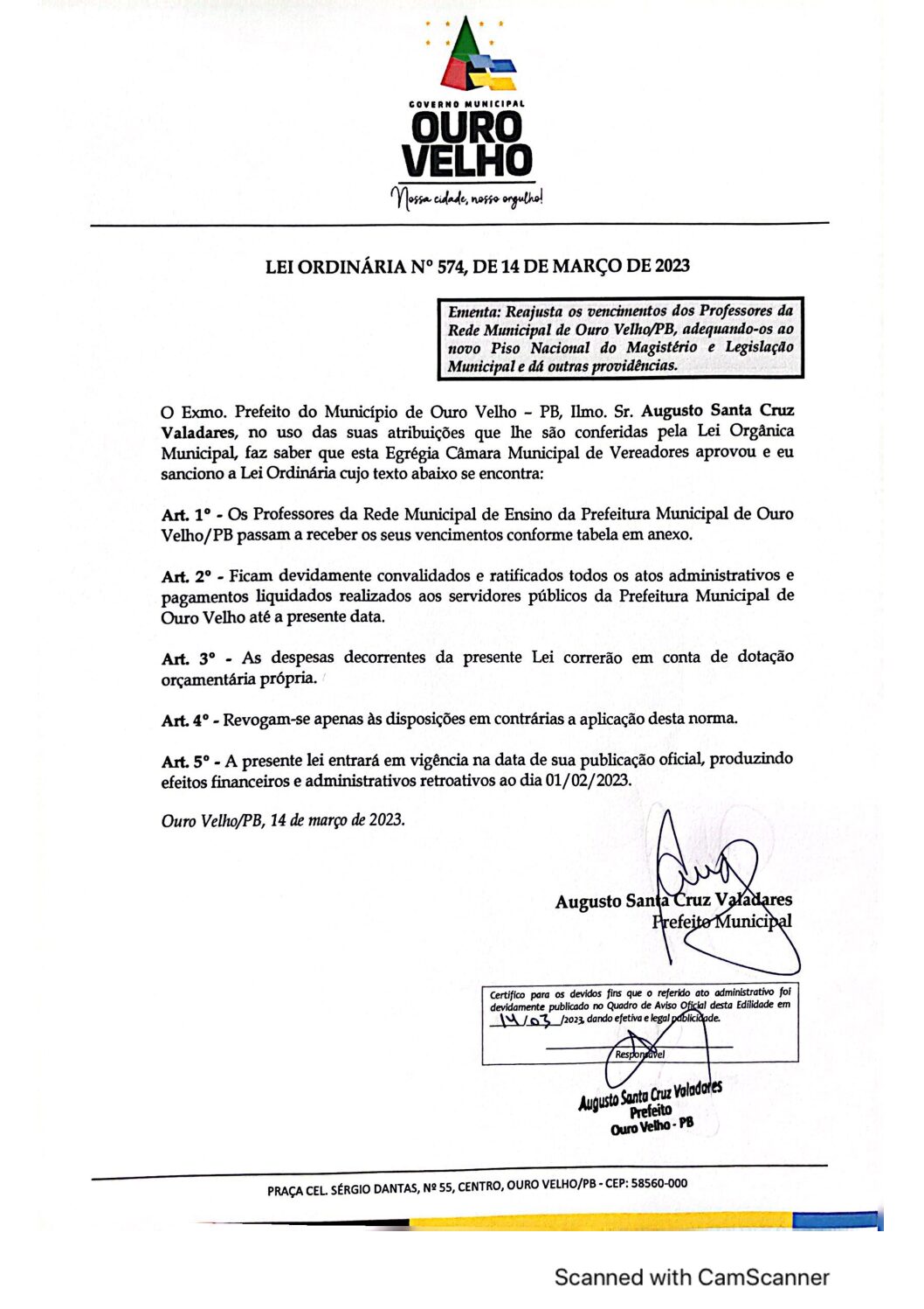 LEI ORDINÁRIA N° 574, DE 14 DEMARÇO DE 2023