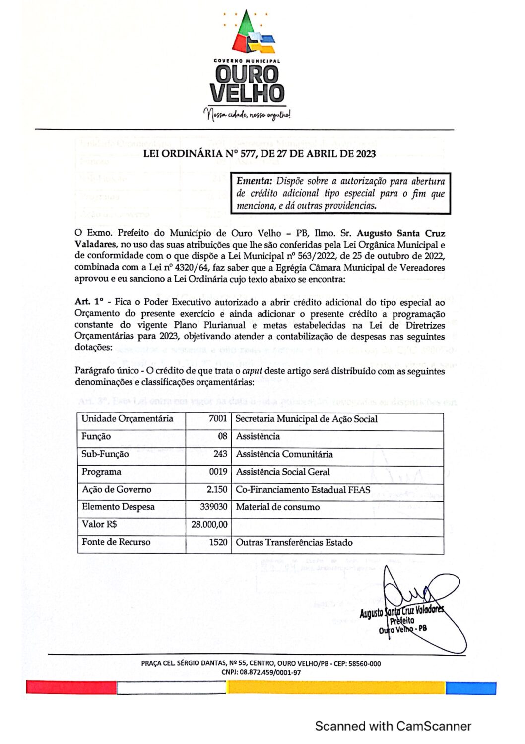 LEI ORDINÁRIA N° 577, DE 27 DE ABRIL DE 2023