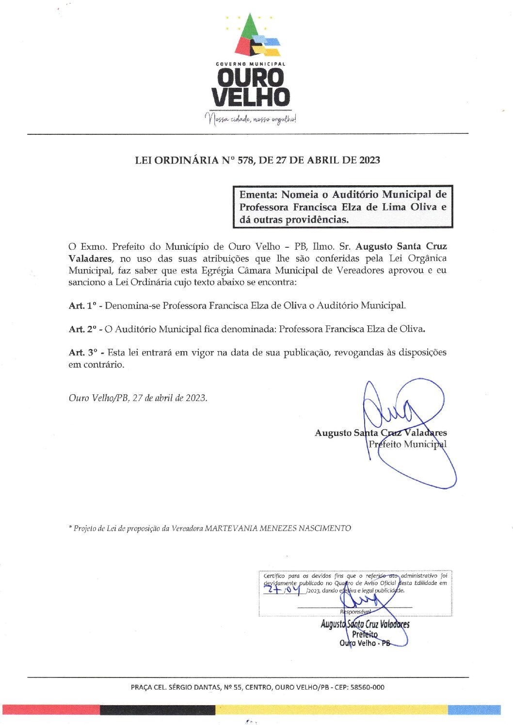 LEI ORDINÁRIA N° 578, DE 27 DE ABRIL DE 2023