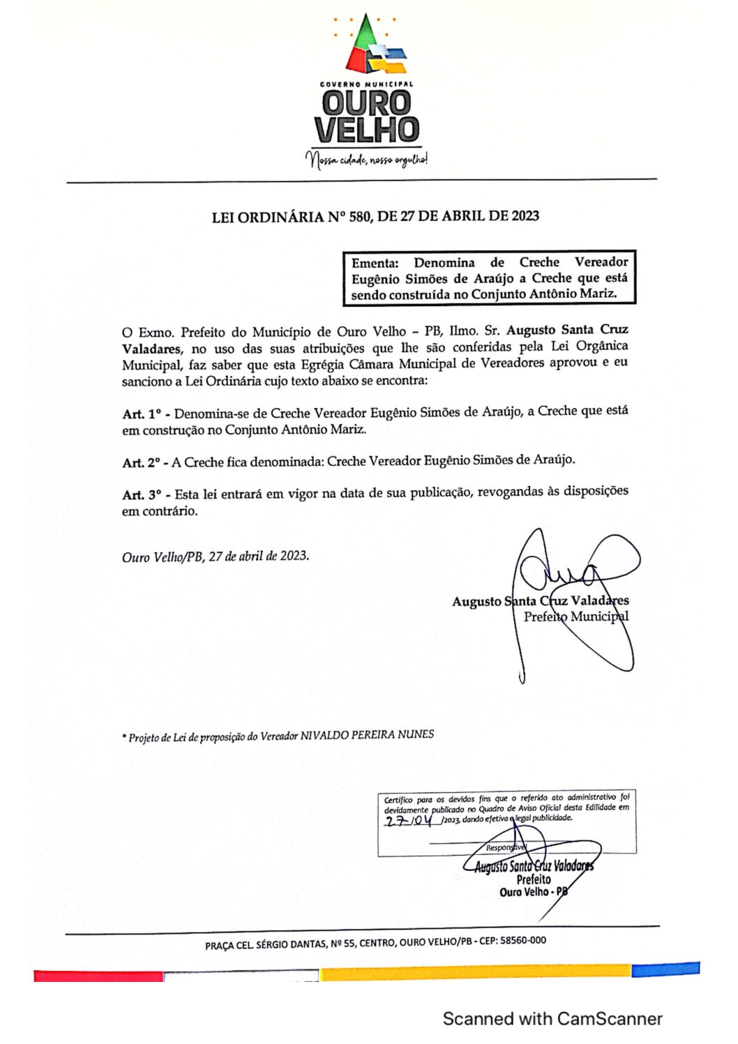LEI ORDINÁRIA N° 580, DE 27 DE ABRIL DE 2023