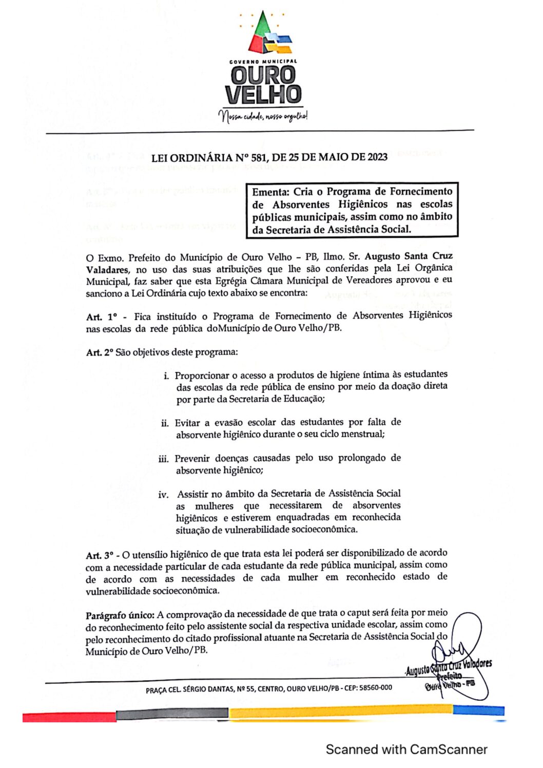 LEI ORDINÁRIA N° 581 DE 25 DE MAIO DE 2023