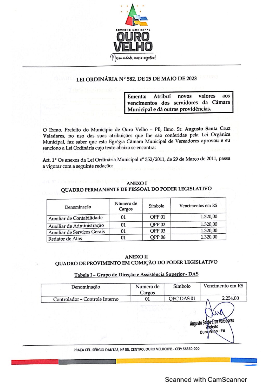 LEI ORDINÁRIA N° 582 DE 25 DE MAIO DE 2023