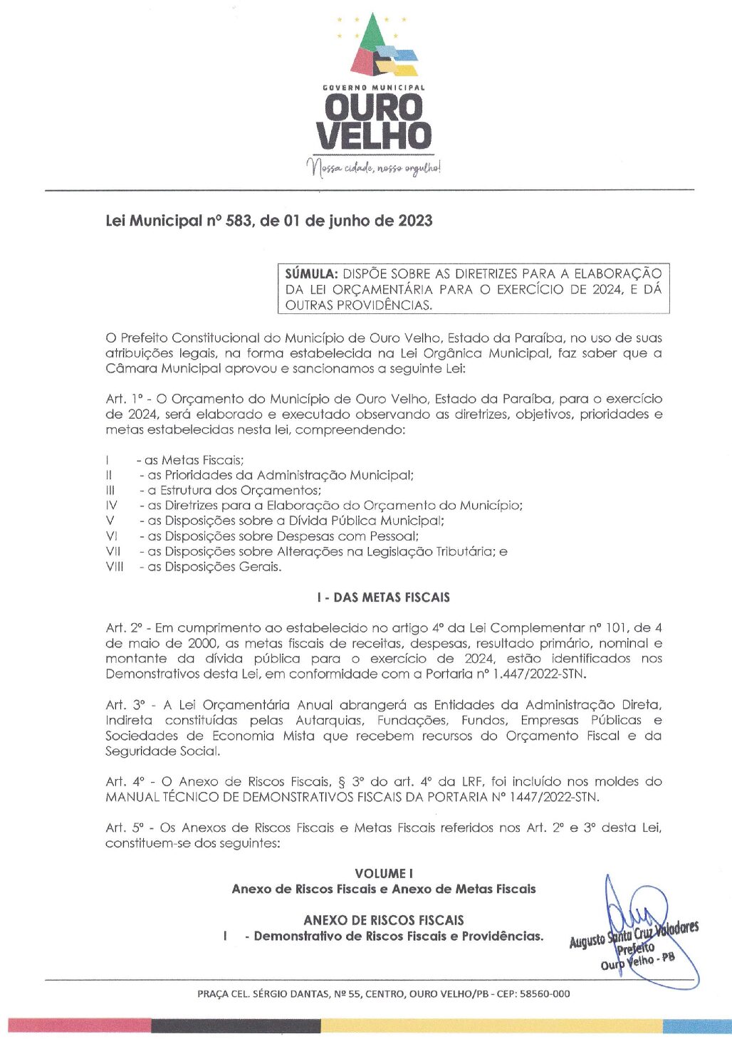 LEI ORDINÁRIA N° 583.2023 LDO PARA 2024