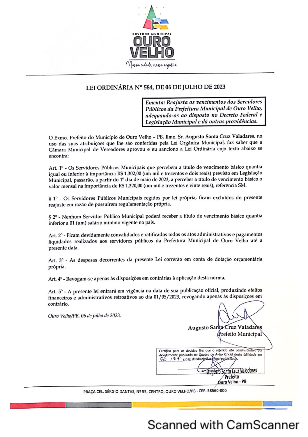LEI ORDINÁRIA N° 584, DE 06 DE JULHO DE 2023