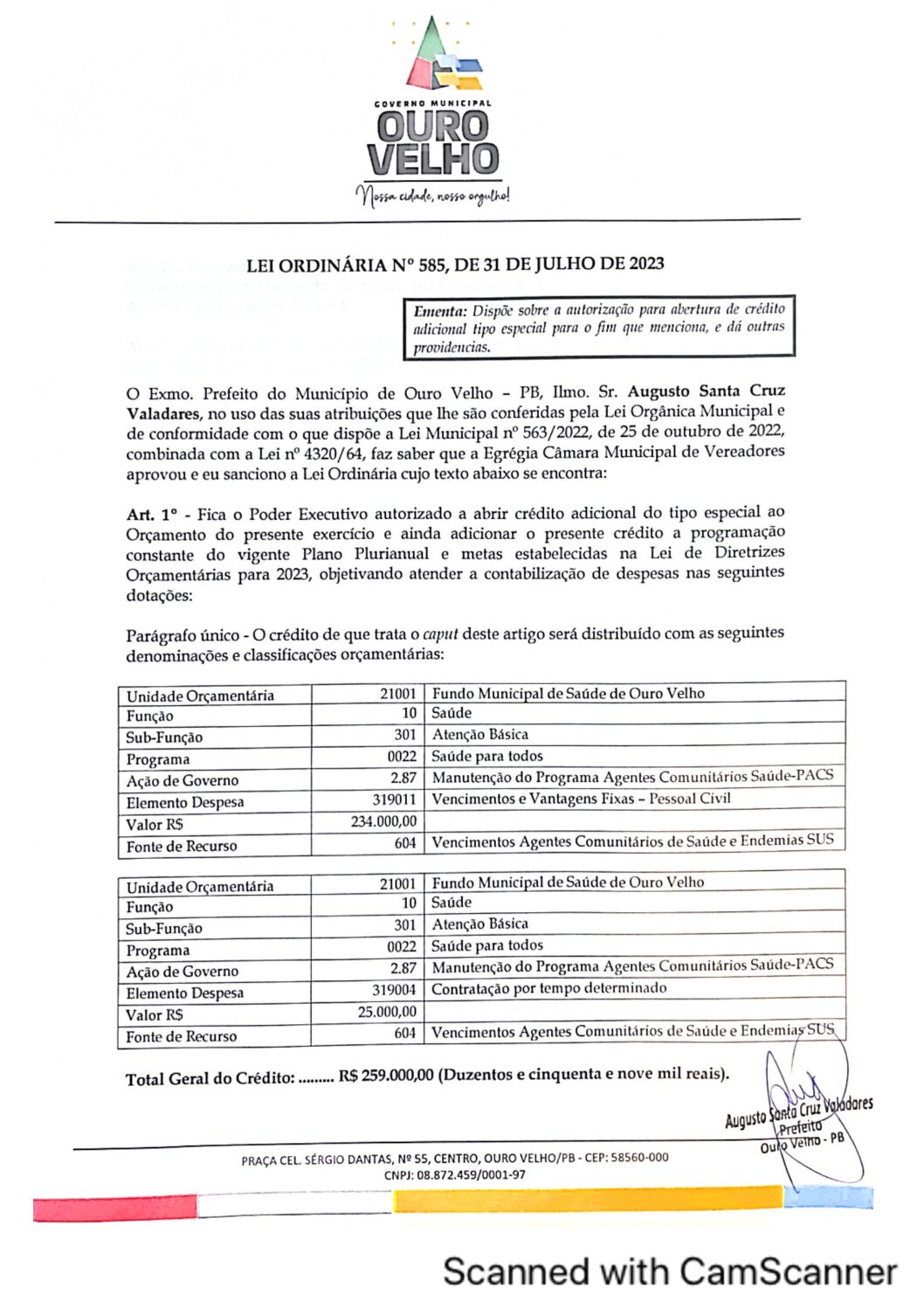 LEI ORDINÁRIA N° 585, DE 31 DE JULHO DE 2023