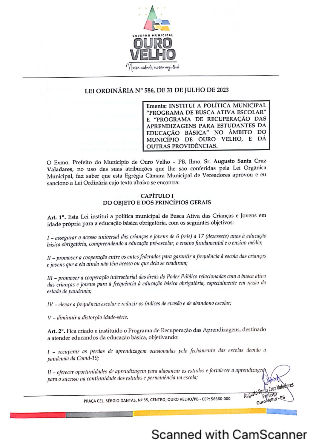 LEI ORDINÁRIA N° 586, DE 31 DE JULHO DE 2023