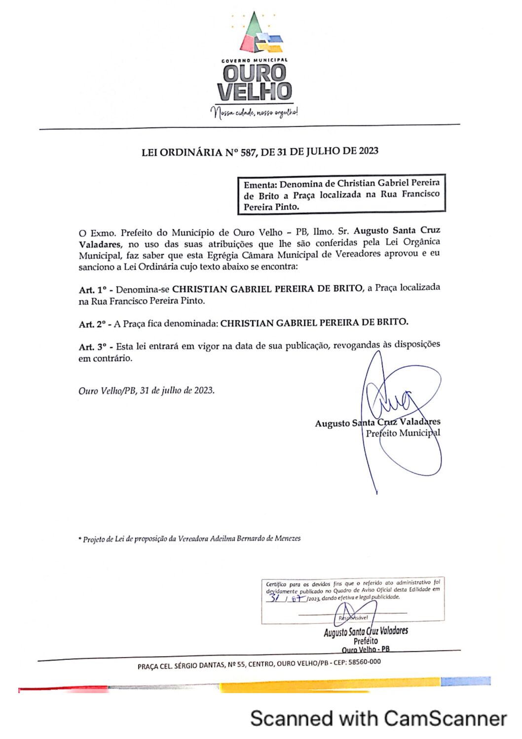 LEI ORDINÁRIA N° 587, DE 31 DE JULHO DE 2023