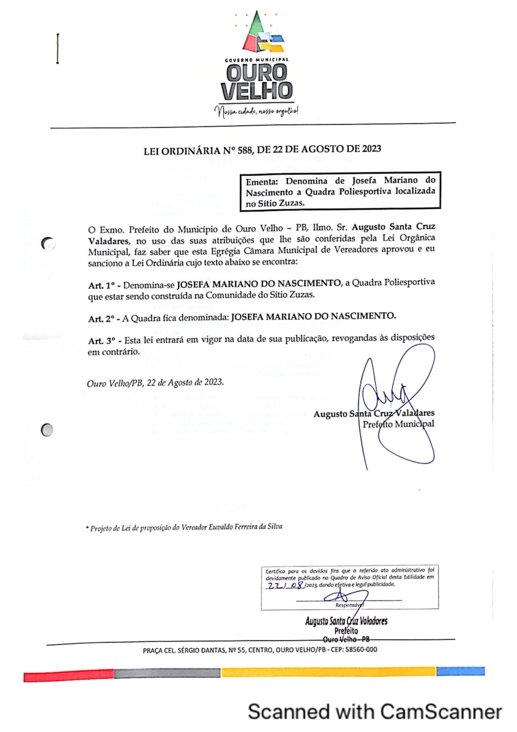 LEI ORDINÁRIA N° 588, DE 22 DE AGOSTO DE 2023