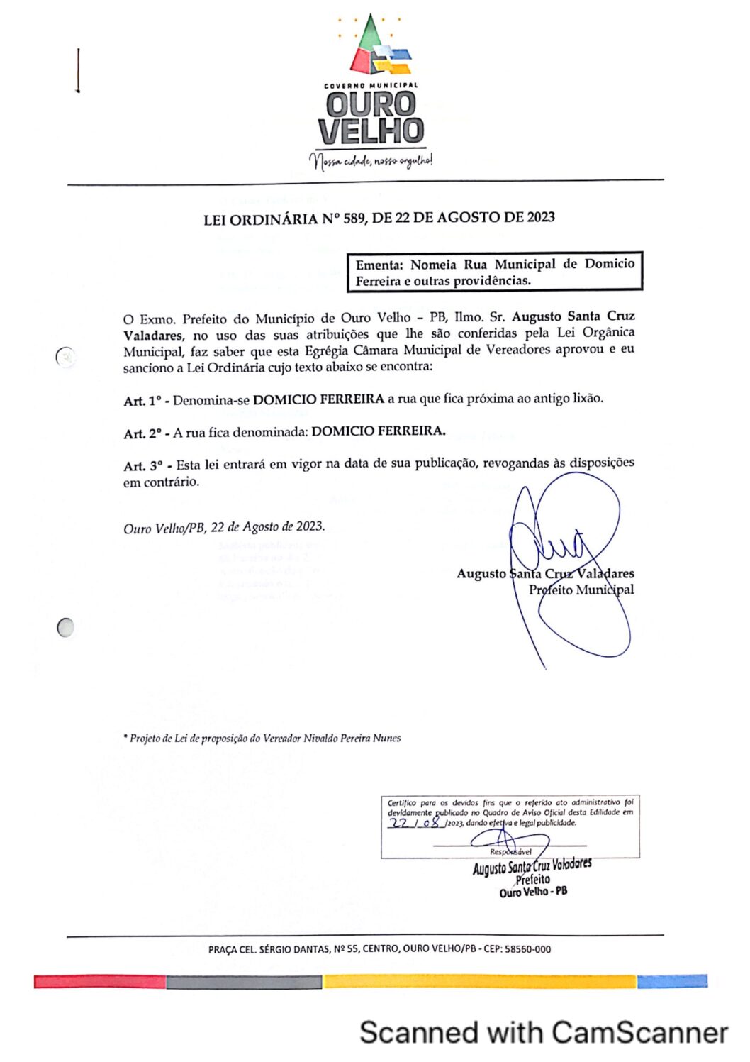 LEI ORDINÁRIA N° 589, DE 22 DE AGOSTO DE 2023
