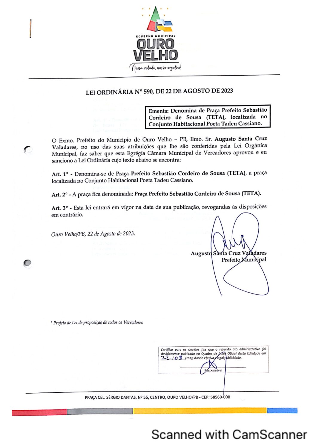 LEI ORDINÁRIA N° 590, DE 22 DE AGOSTO DE 2023