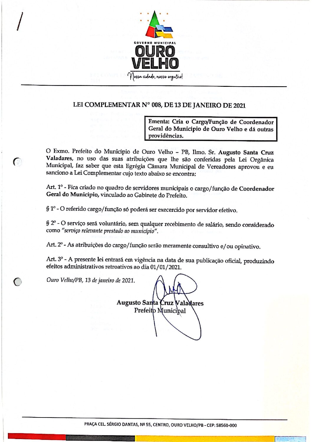 Lei Complementar nº 008, de 13 de Janeiro de 2021