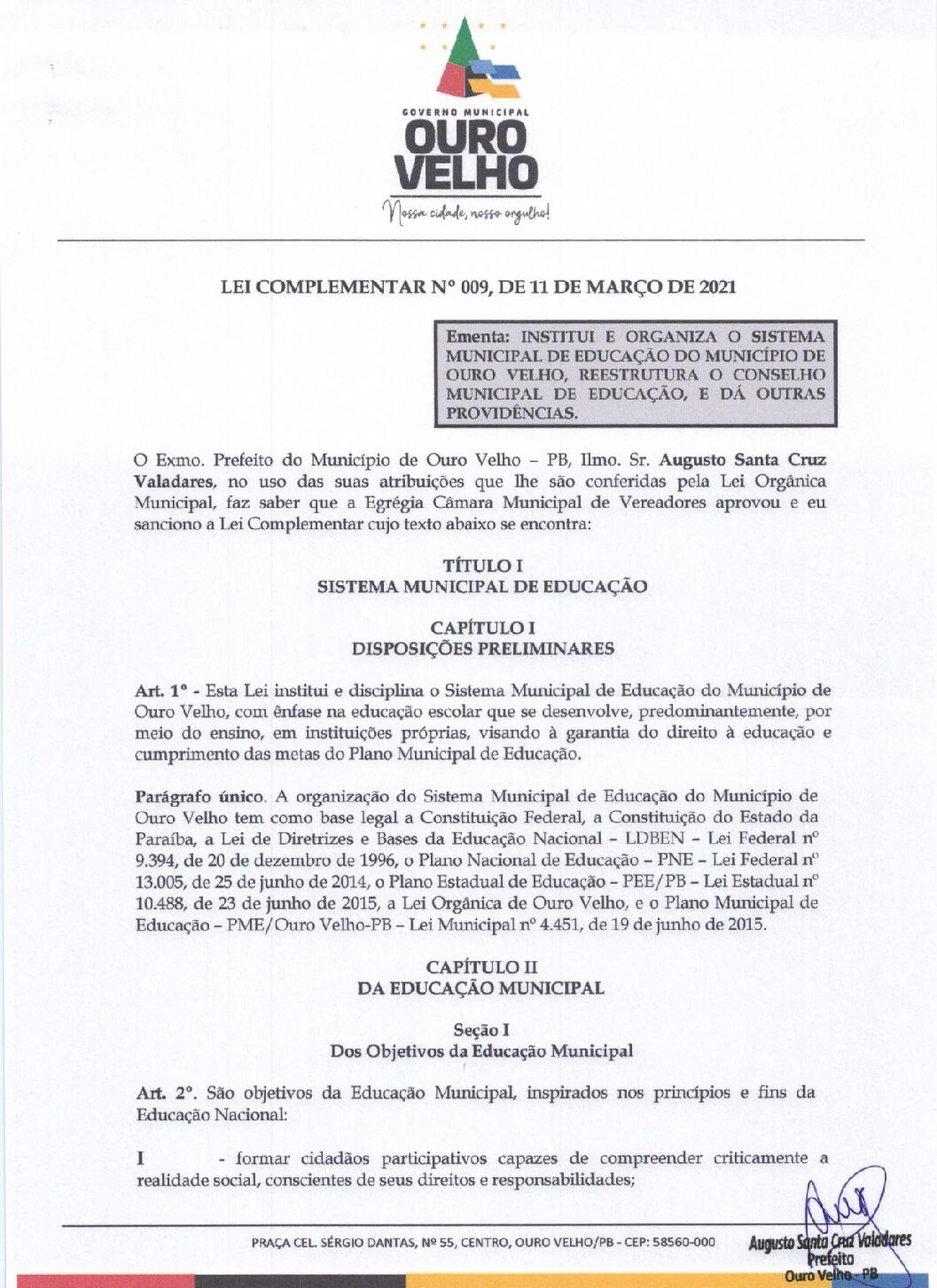 Lei Complementar nº 009, de 11 de Março de 2021