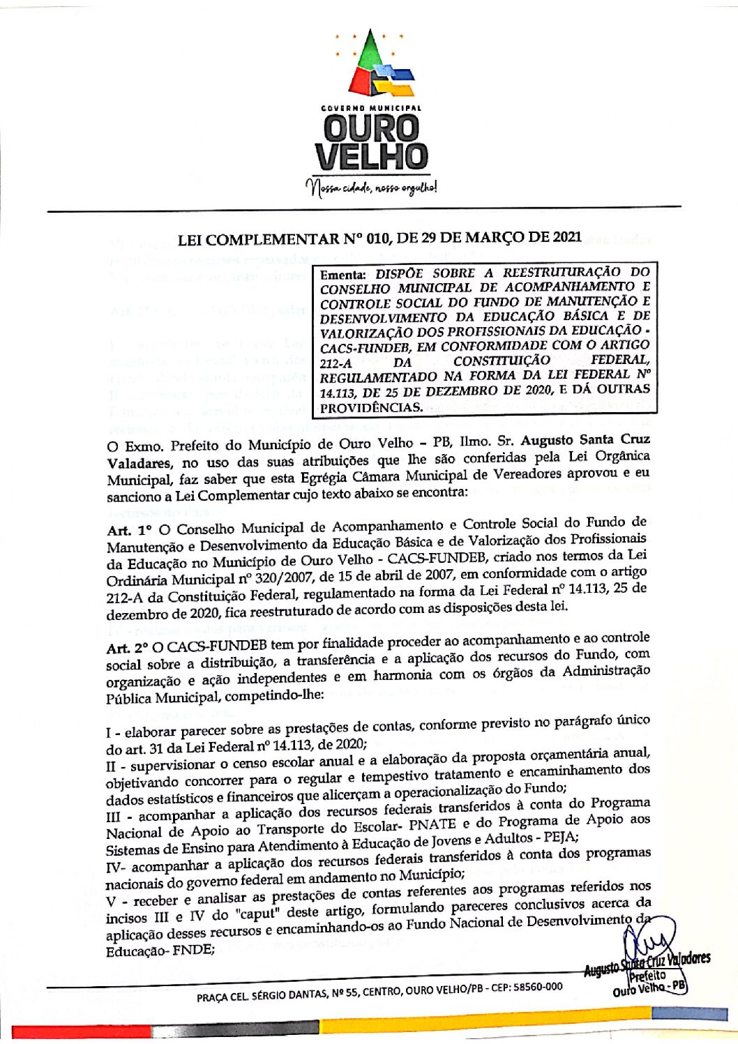 Lei Complementar nº 010, de 29 de Março de 2021