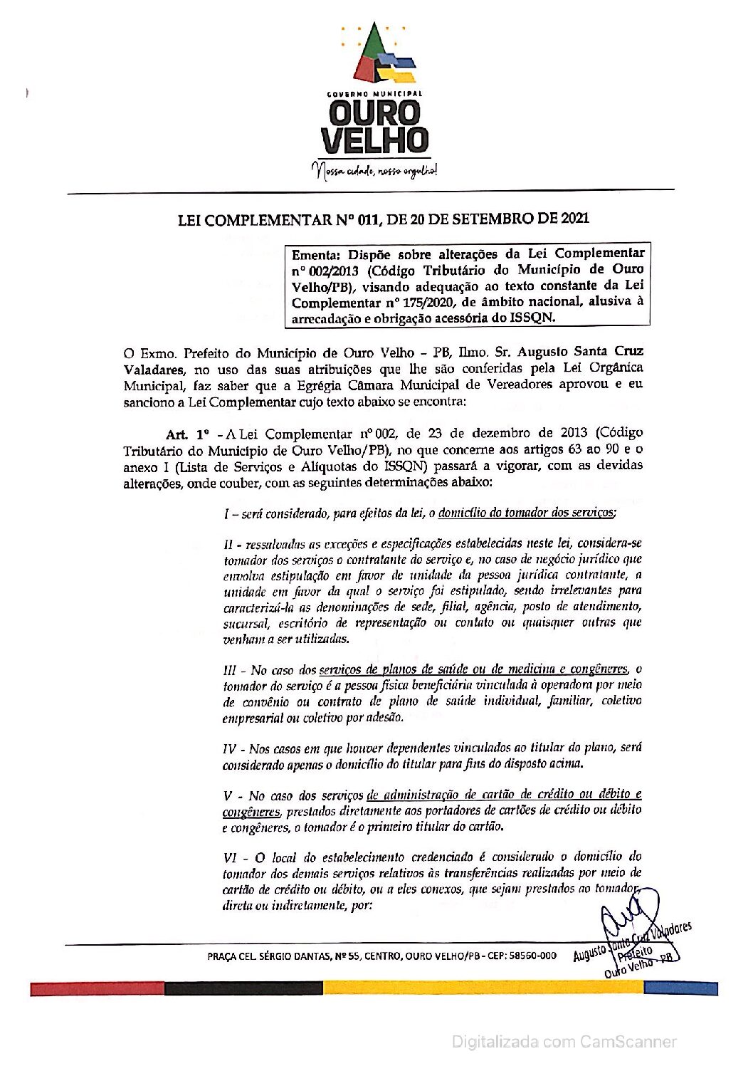 Lei Complementar nº 011 de 20 de Setembro de 2021
