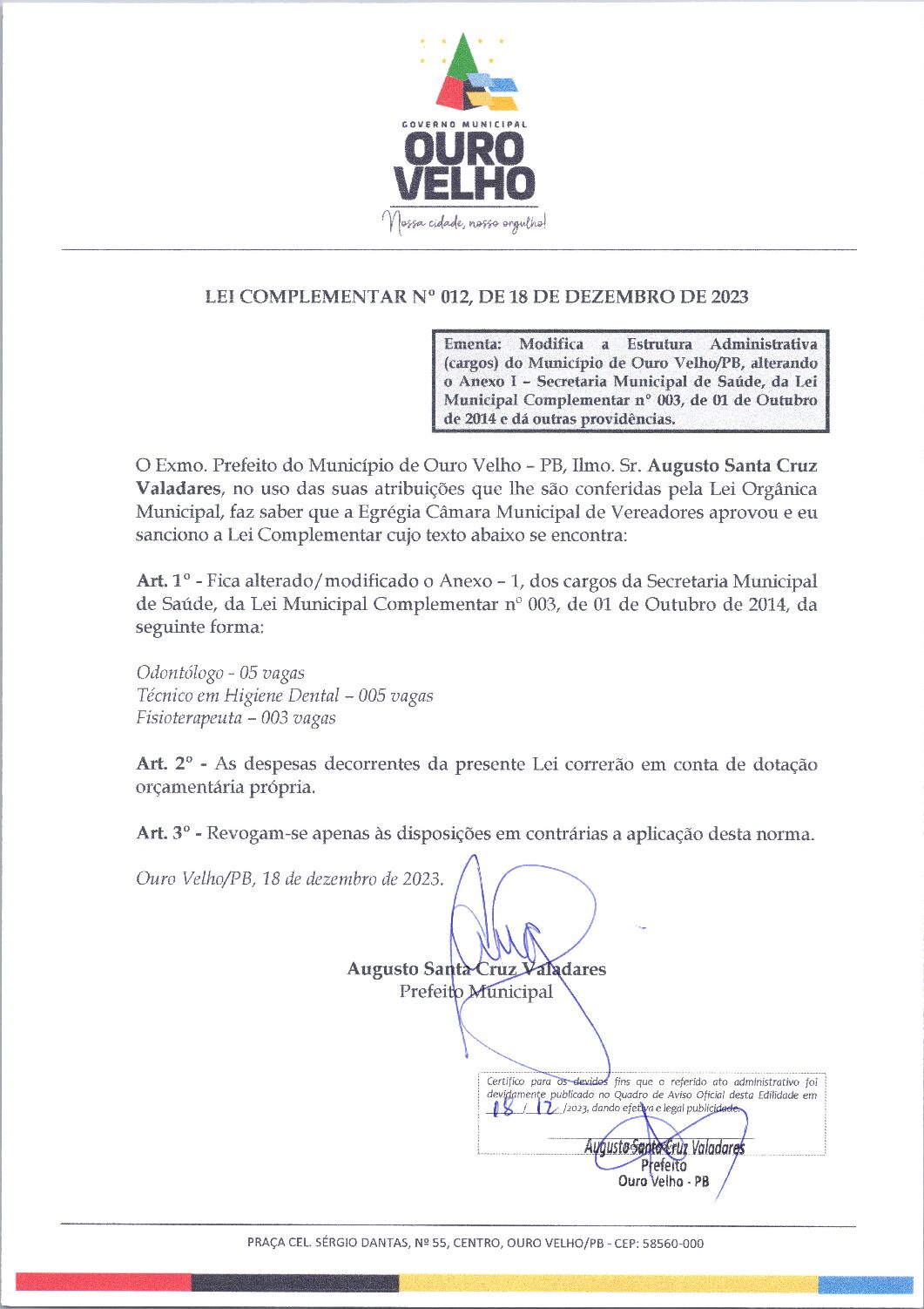 Lei Complementar nº 012, de 18 de dezembro de 2023