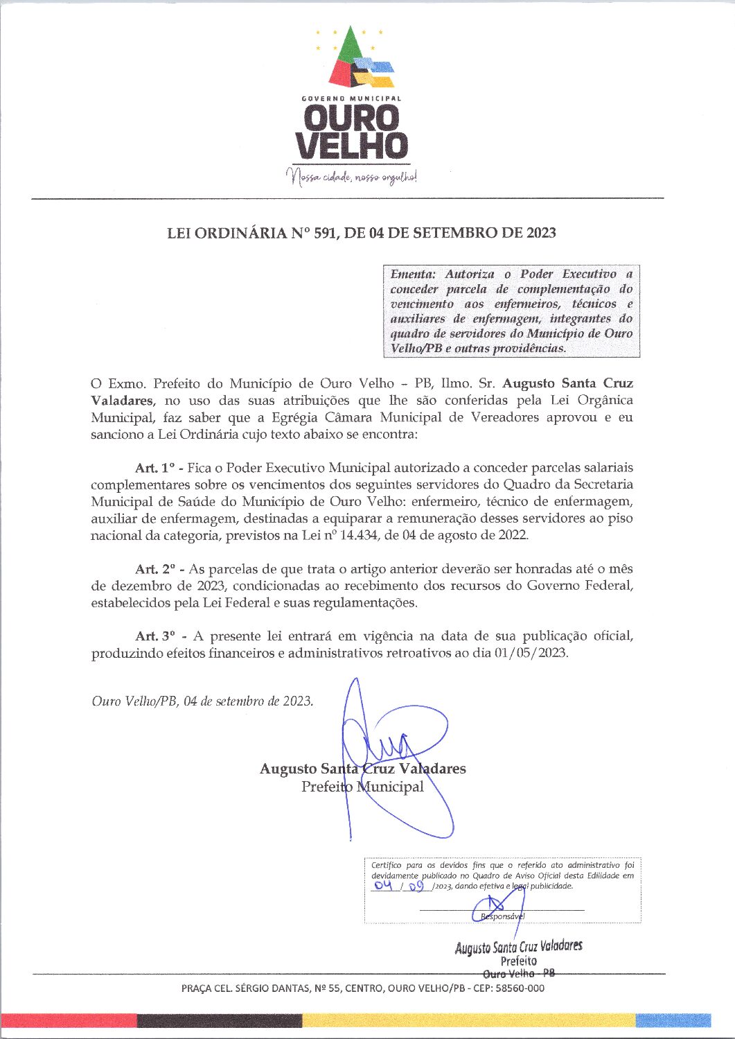 Lei Ordinária nº 591, de 04 de setembro de 2023