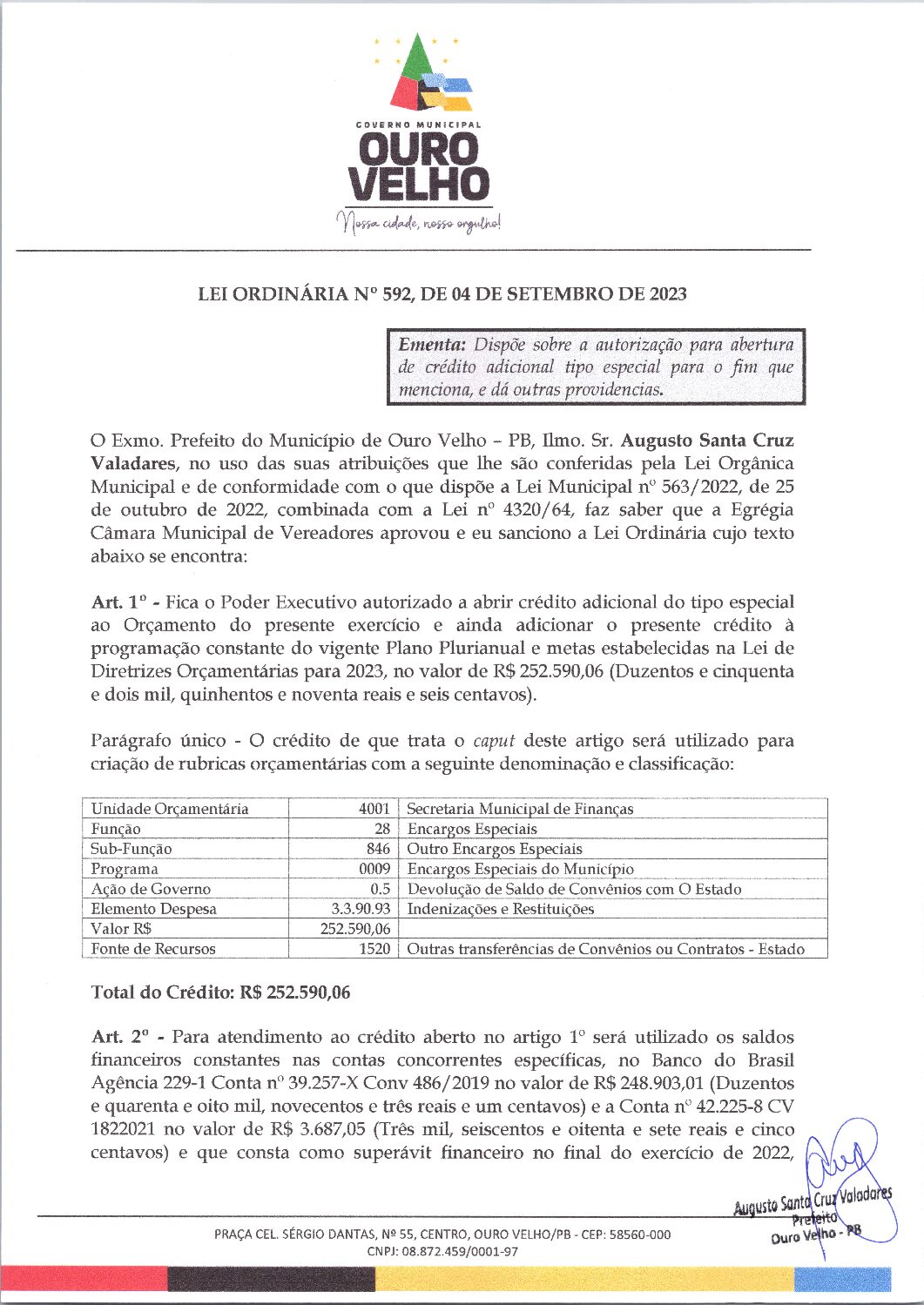 Lei Ordinária nº 592, de 04 de setembro de 2023