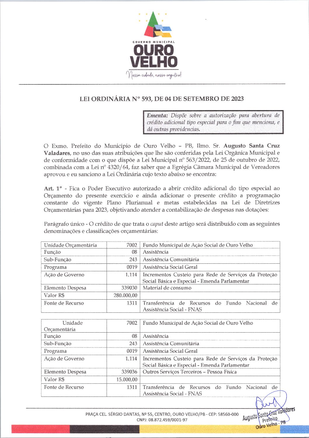 Lei Ordinária nº 593, de 04 de setembro de 2023