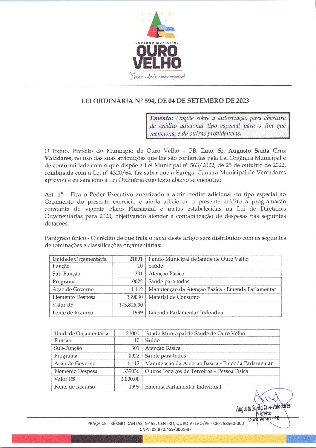 Lei Ordinária nº 594, de 04 de setembro de 2023
