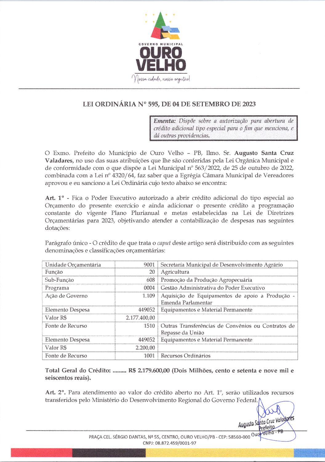 Lei Ordinária nº 595, de 04 de setembro de 2023