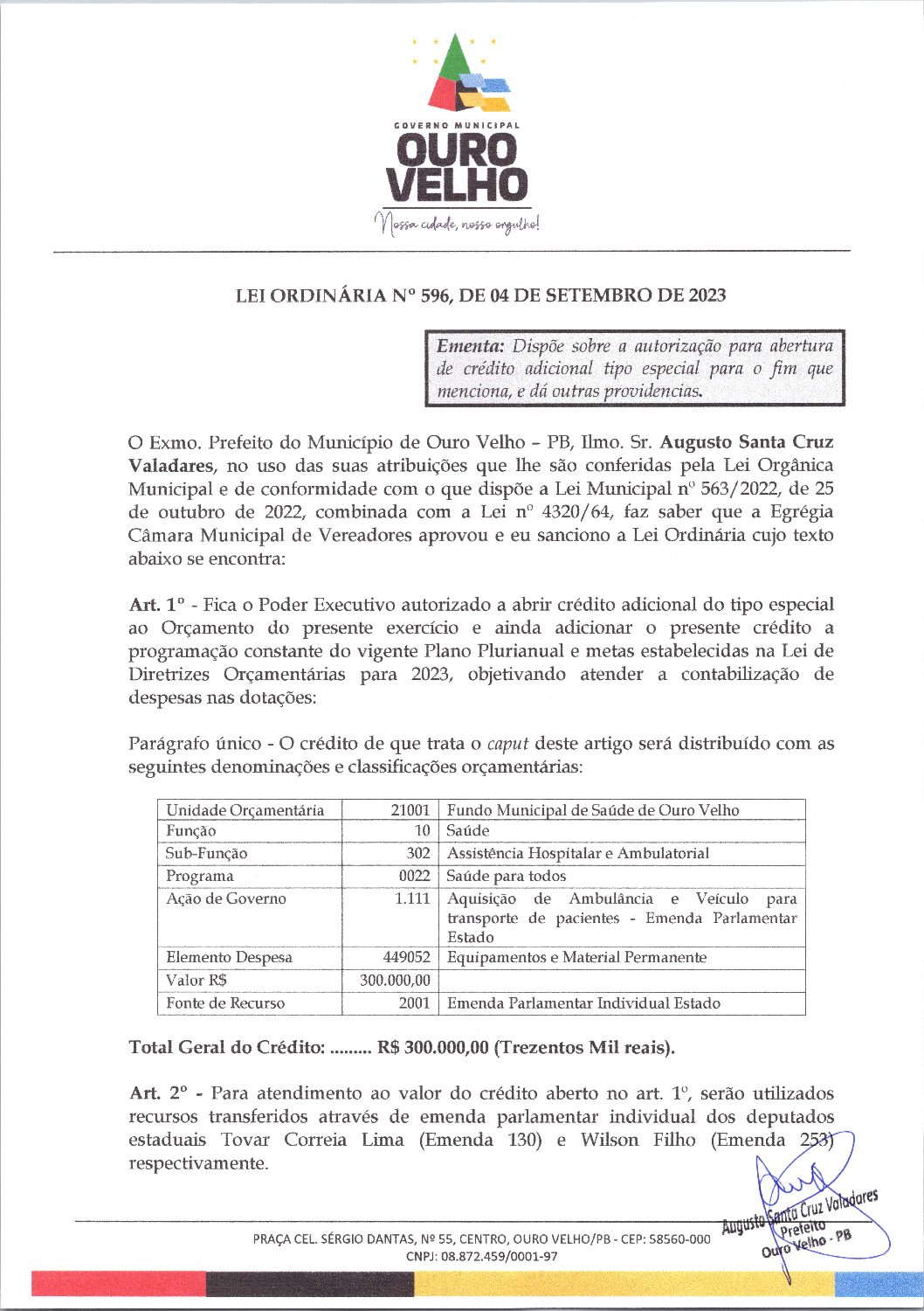 Lei Ordinária nº 596, de 04 de setembro de 2023