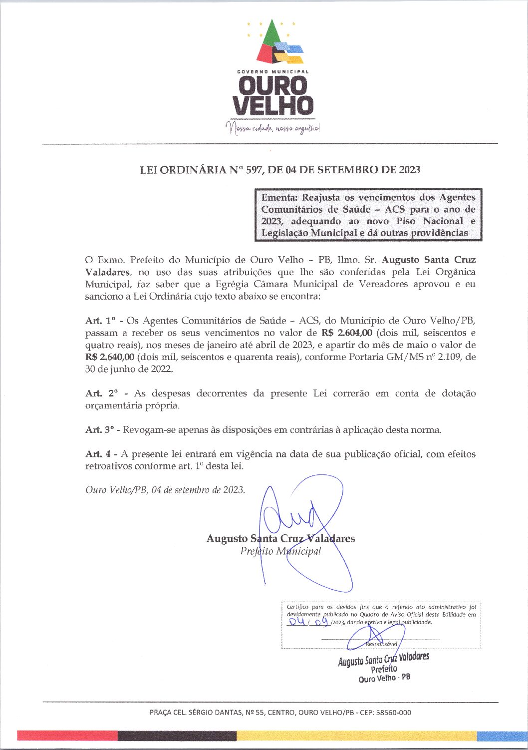 Lei Ordinária nº 597, de 04 de setembro de 2023