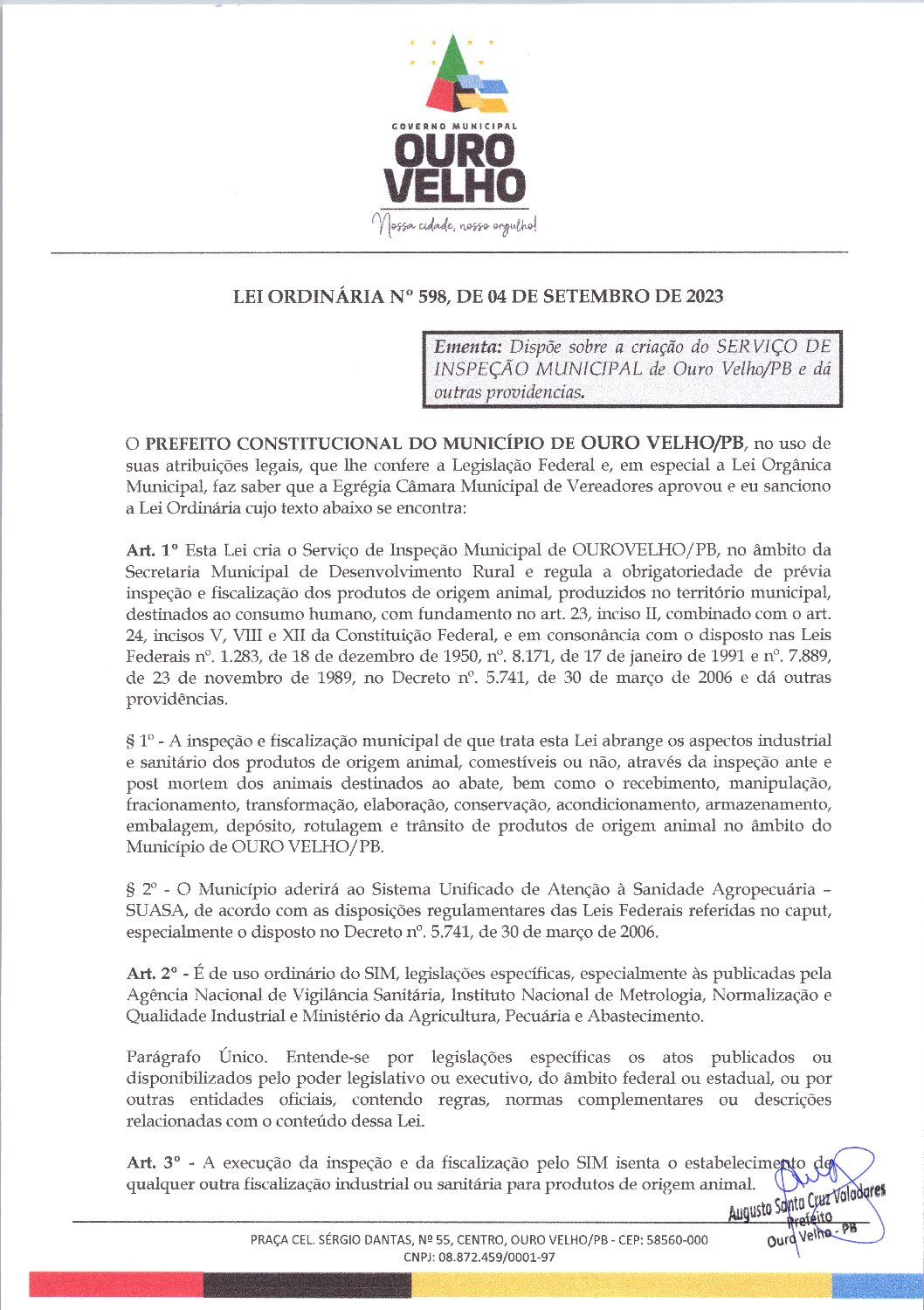 Lei Ordinária nº 598, de 04 de setembro de 2023
