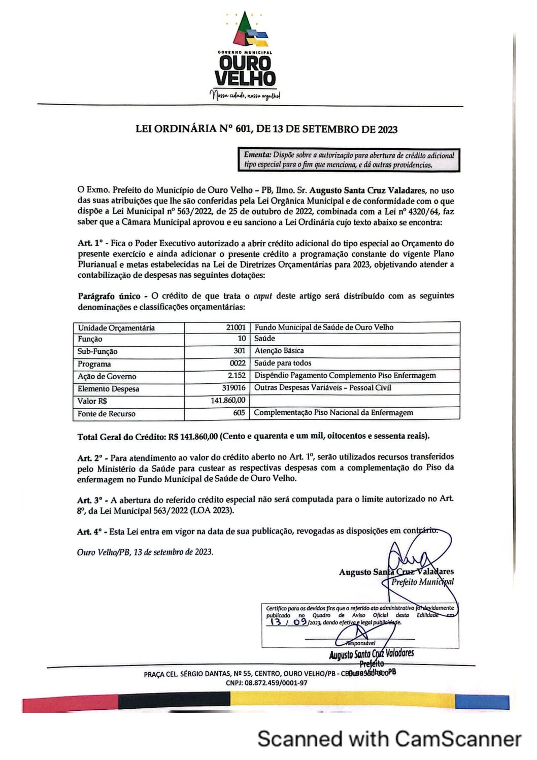 Lei Ordinária nº 601, de 13 de setembro de 2023