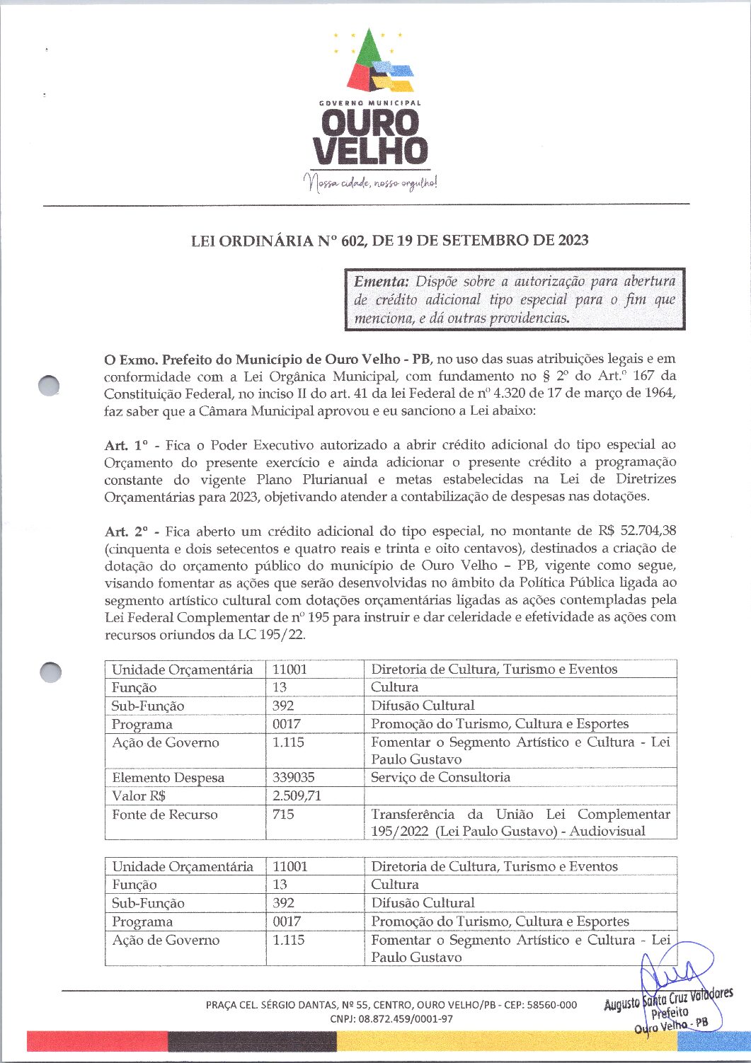 Lei Ordinária nº 602, de 19 de setembro de 2023 Abertura de Crédito Adicional
