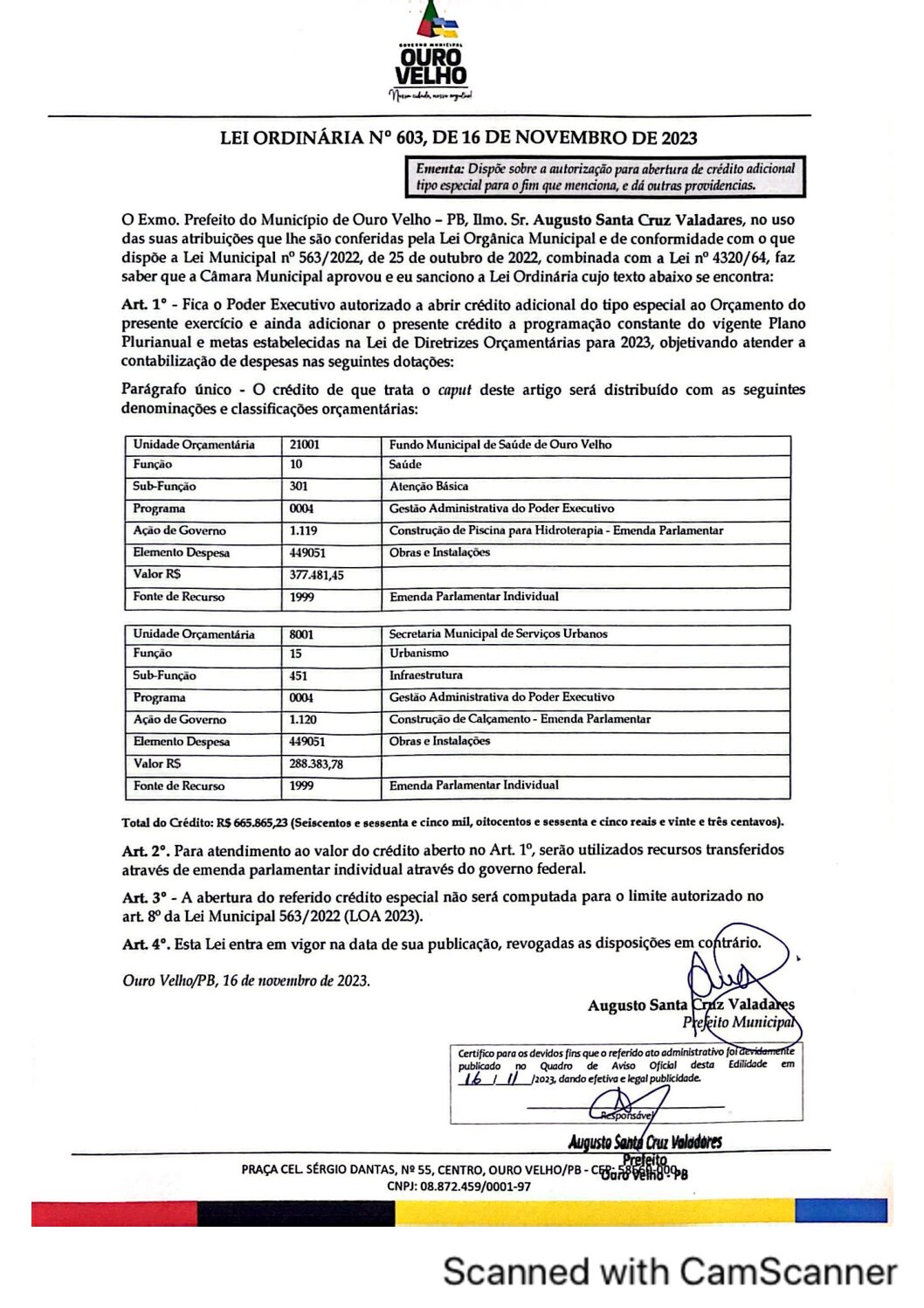 Lei Ordinária nº 603, de 16 de novembro de 2023