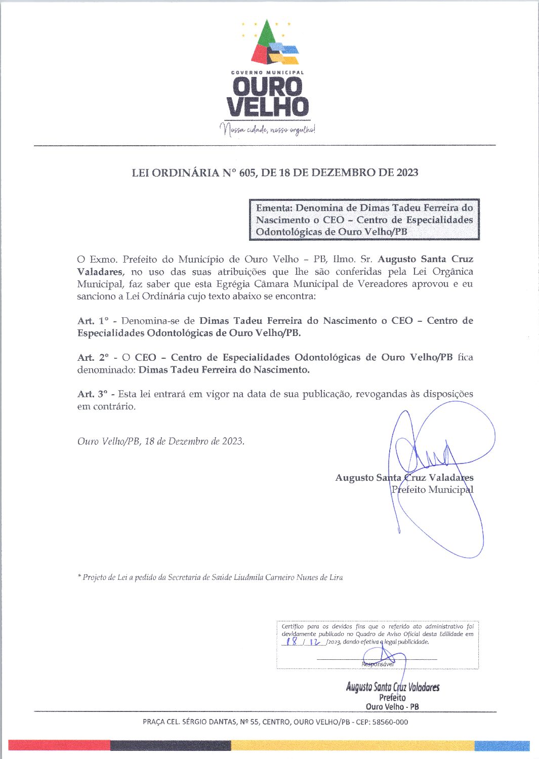Lei Ordinária nº 605, de 18 de dezembro de 2023