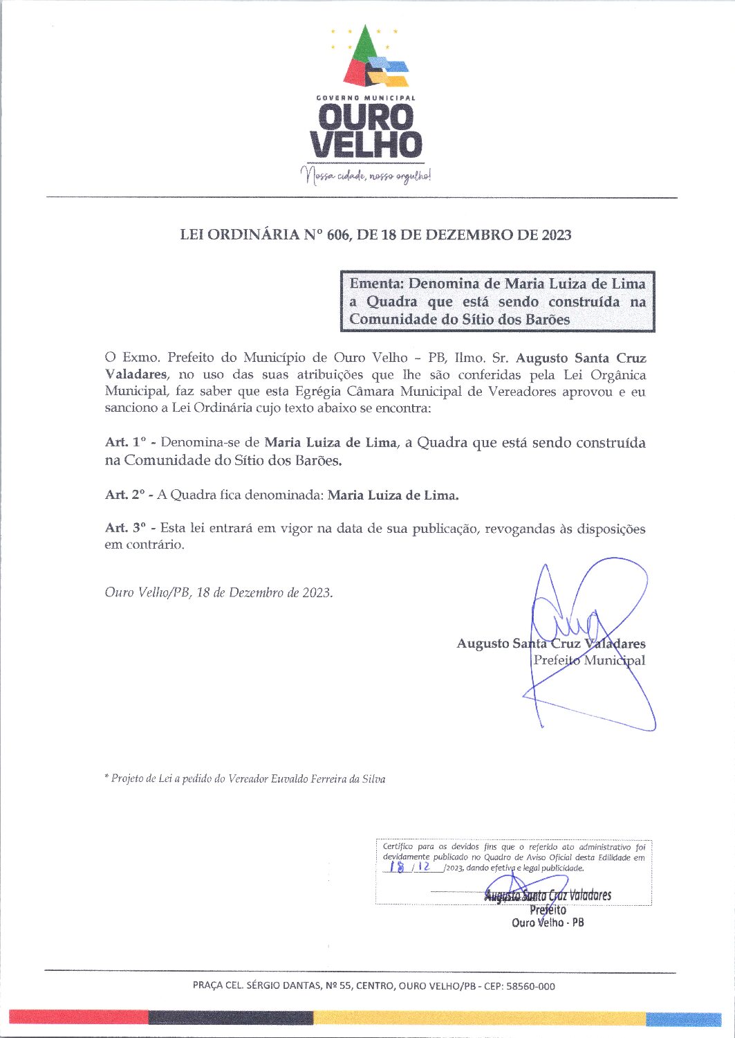 Lei Ordinária nº 606, de 18 de dezembro de 2023
