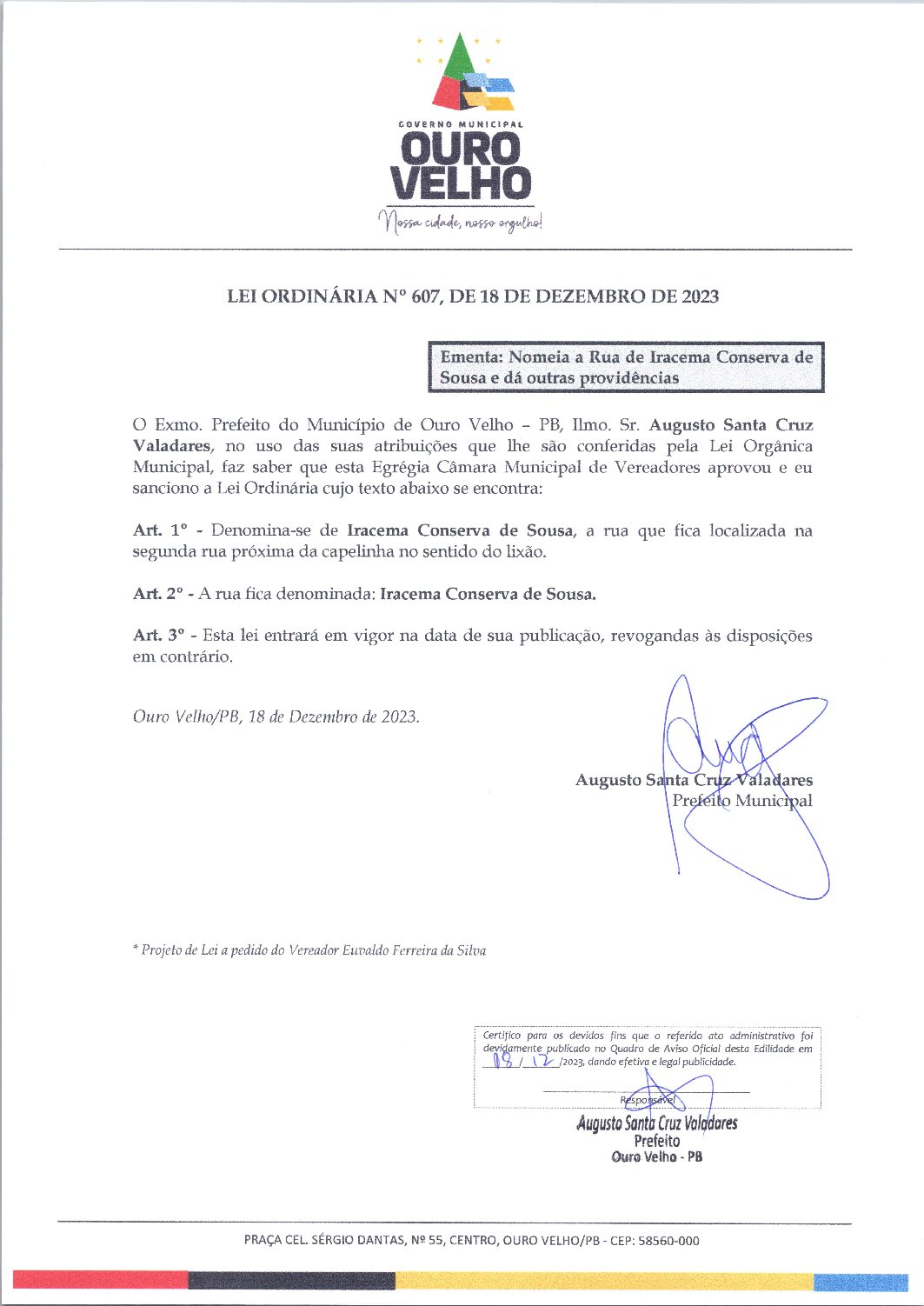 Lei Ordinária nº 607, de 18 de dezembro de 2023