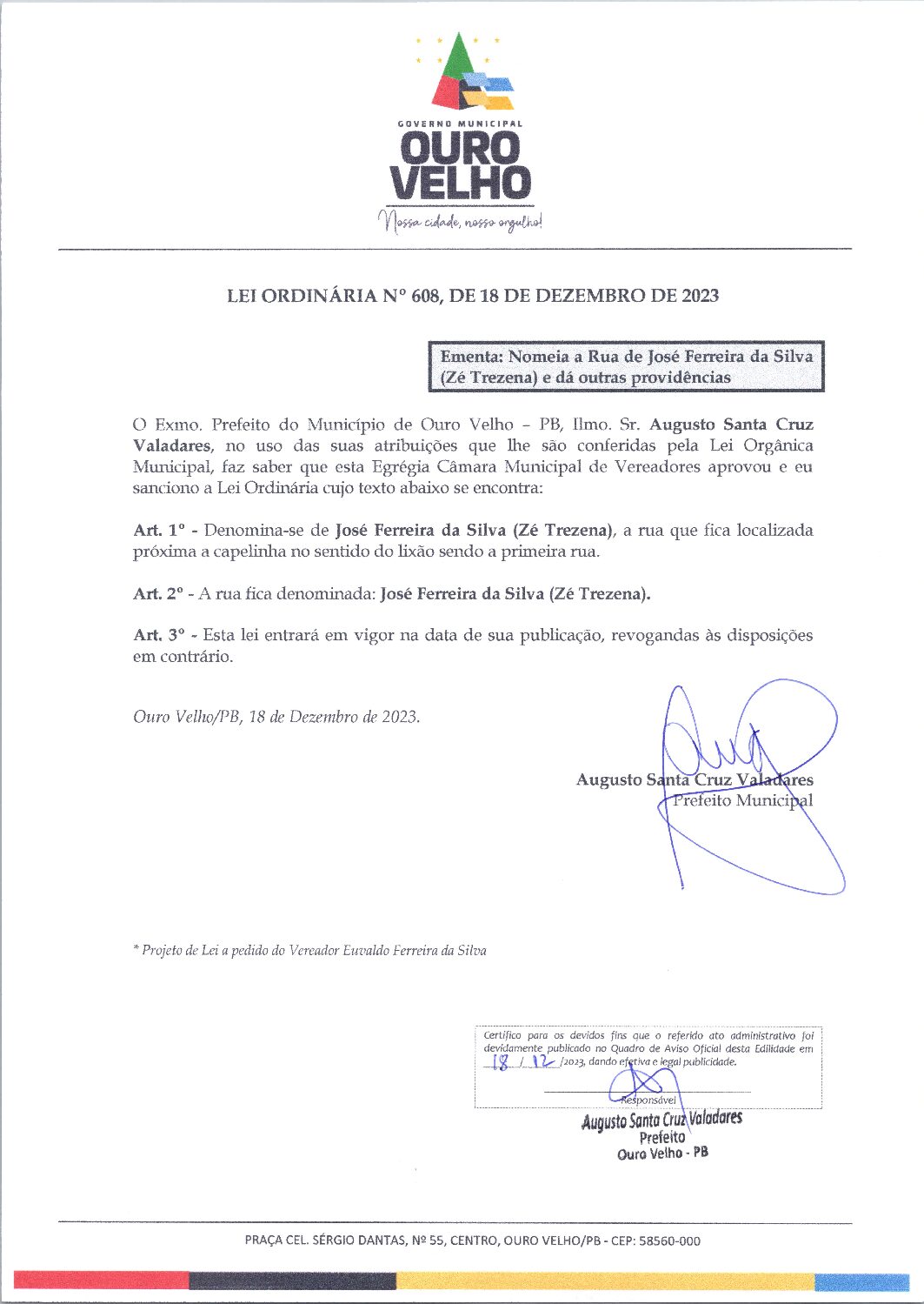 Lei Ordinária nº 608, de 18 de dezembro de 2023