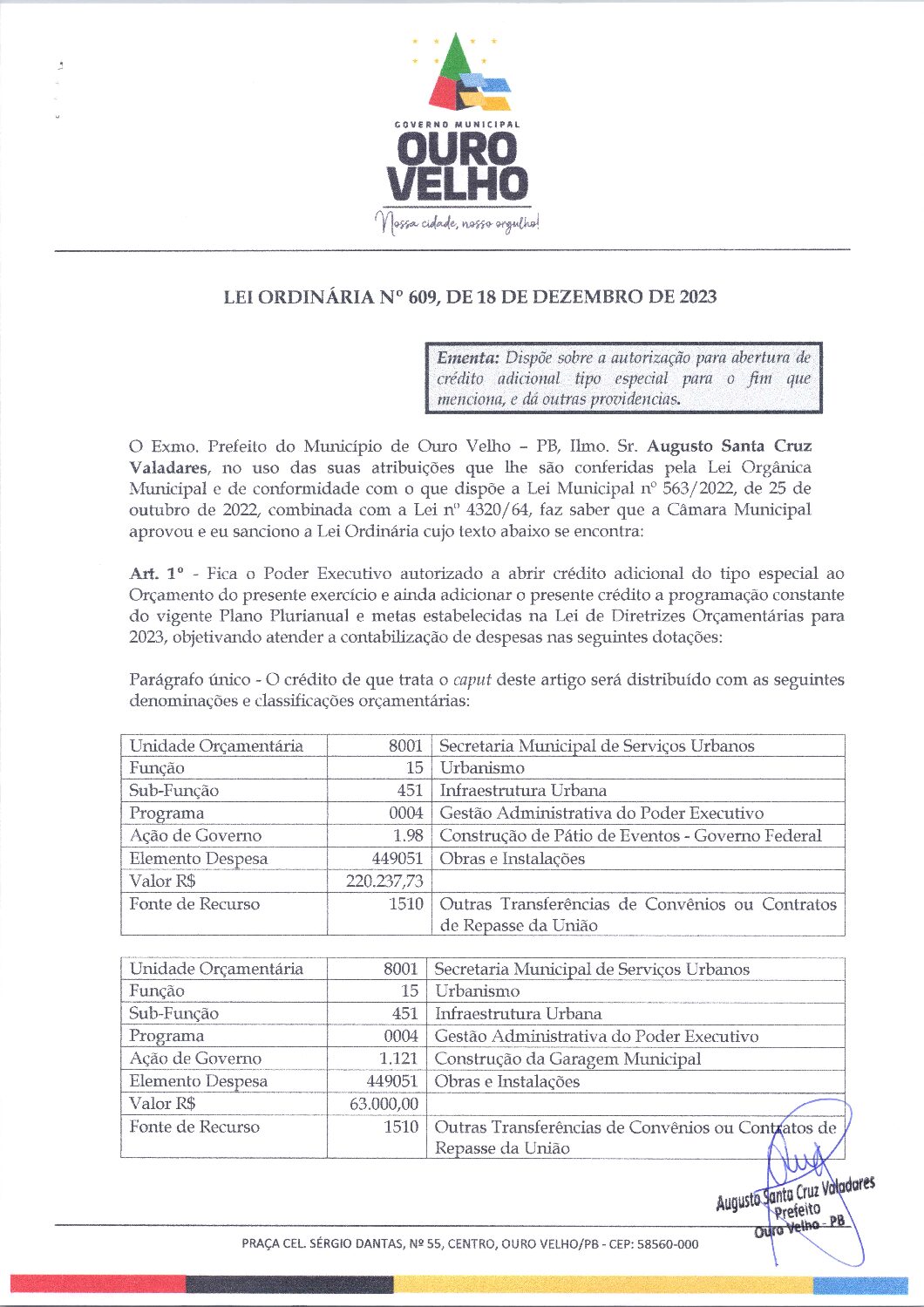 Lei Ordinária nº 609, de 18 de dezembro de 2023