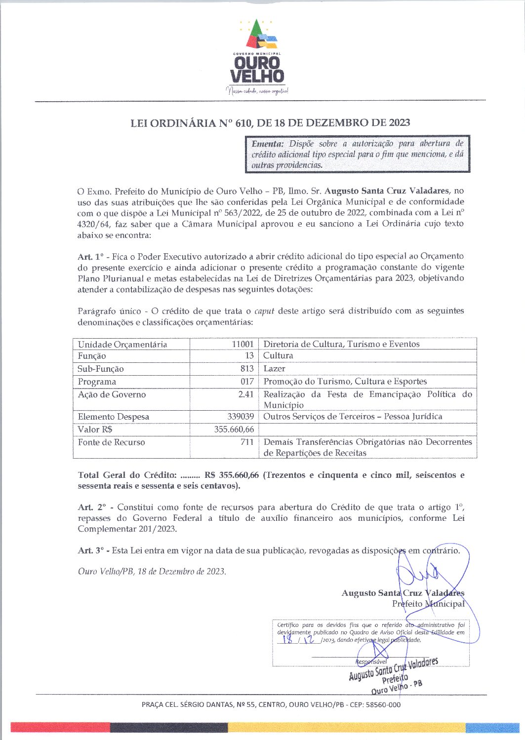 Lei Ordinária nº 610, de 18 de dezembro de 2023