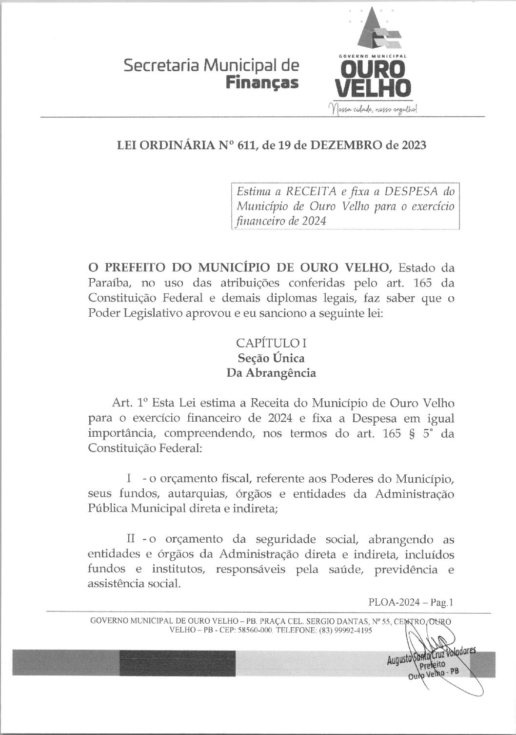 Lei Ordinária nº 611.2023 LOA para 2024