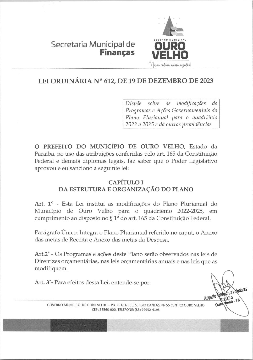 Lei Ordinária nº 612.2023 Revisão do PPA de 2022 até 2025