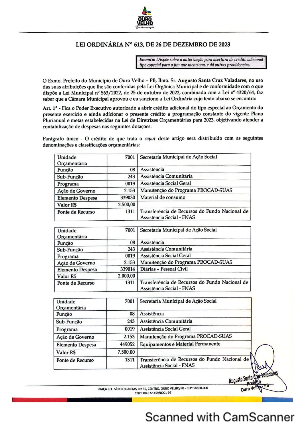 Lei Ordinária nº 613, de 26 de dezembro de 2023