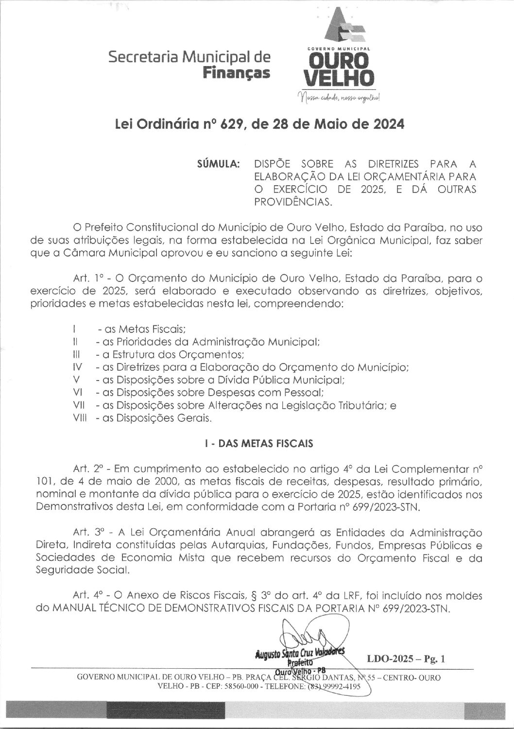 Lei Ordinaria nº 629.2024 de 28 de Maio de 2024 LDO para 2025