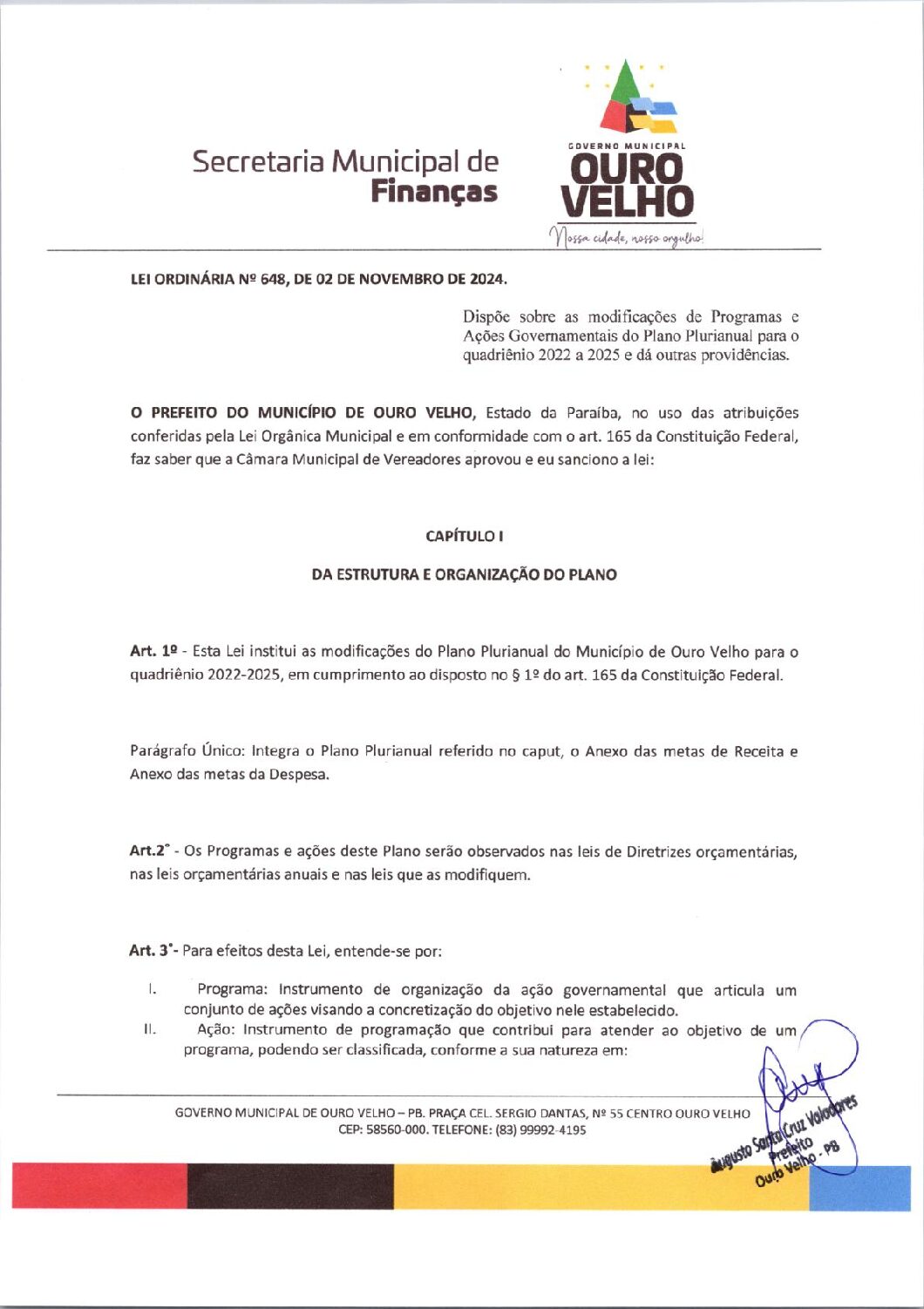 Lei Ordinária nº 648, de 02 de novembro de 2024 PPA 2025