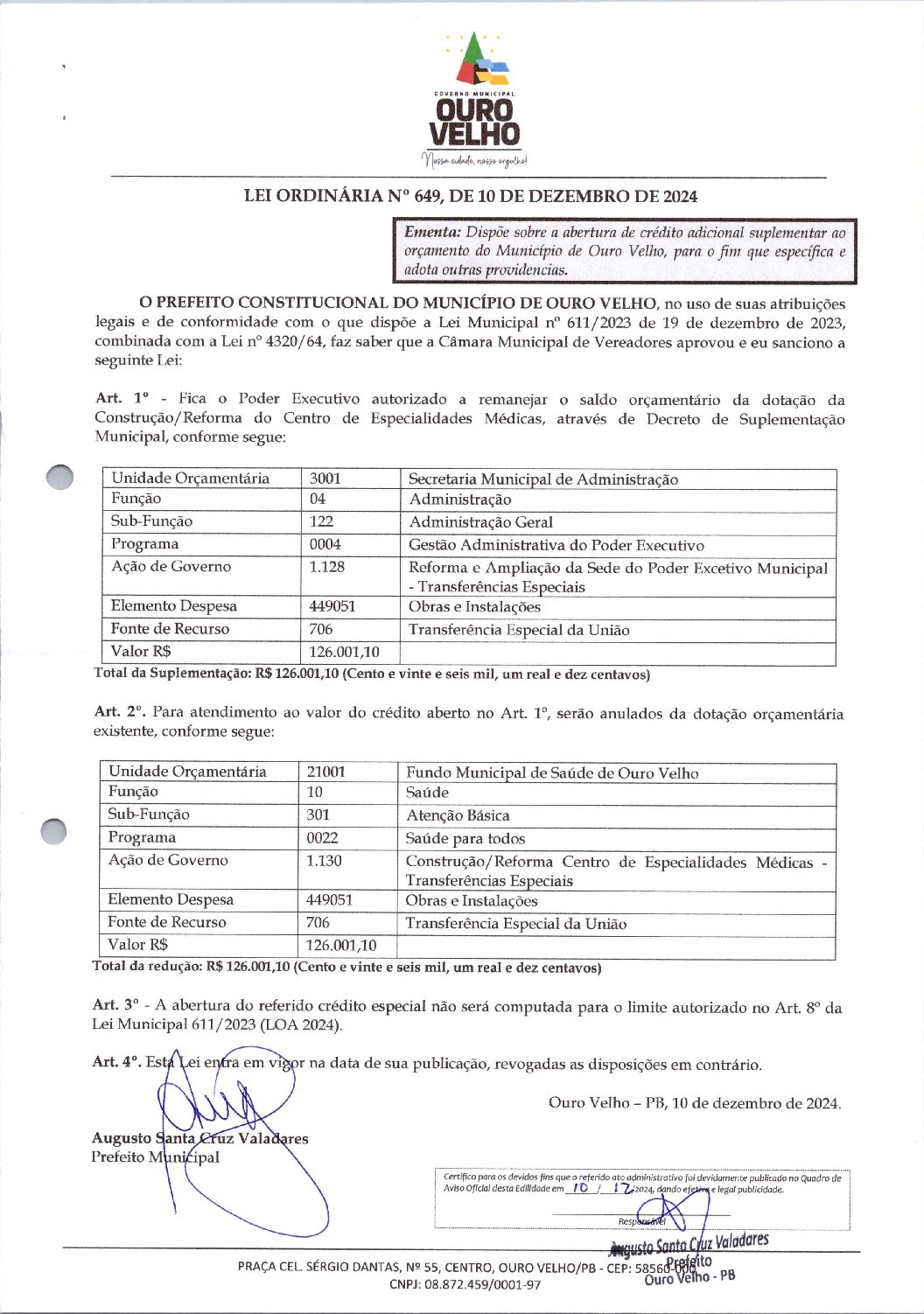Lei Ordinária nº 649, de 10 de Dezembro de 2024