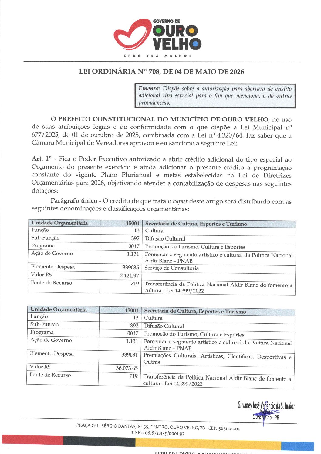 Lei Ordinária nº 708.2026 Abertura de Crédito Especial Lei Aldir Blanc