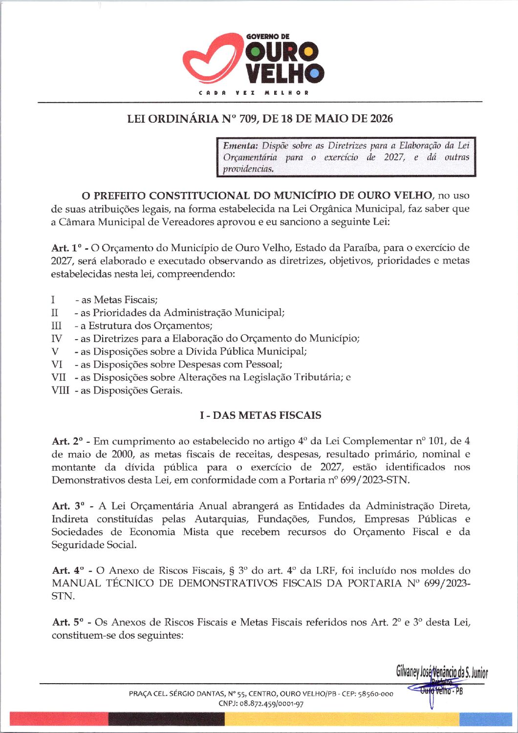 Lei Ordinária nº 709.2026 Lei das Diretrizes Orçamentárias  LDO 2027