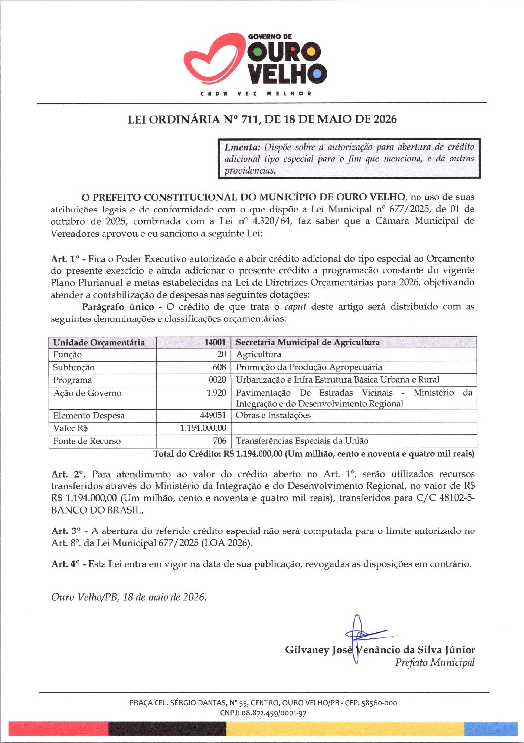 Lei Ordinária nº 711.2026 Abertura de Crédito Especial Construção de Pavimentação Rural Sec. Agricultura