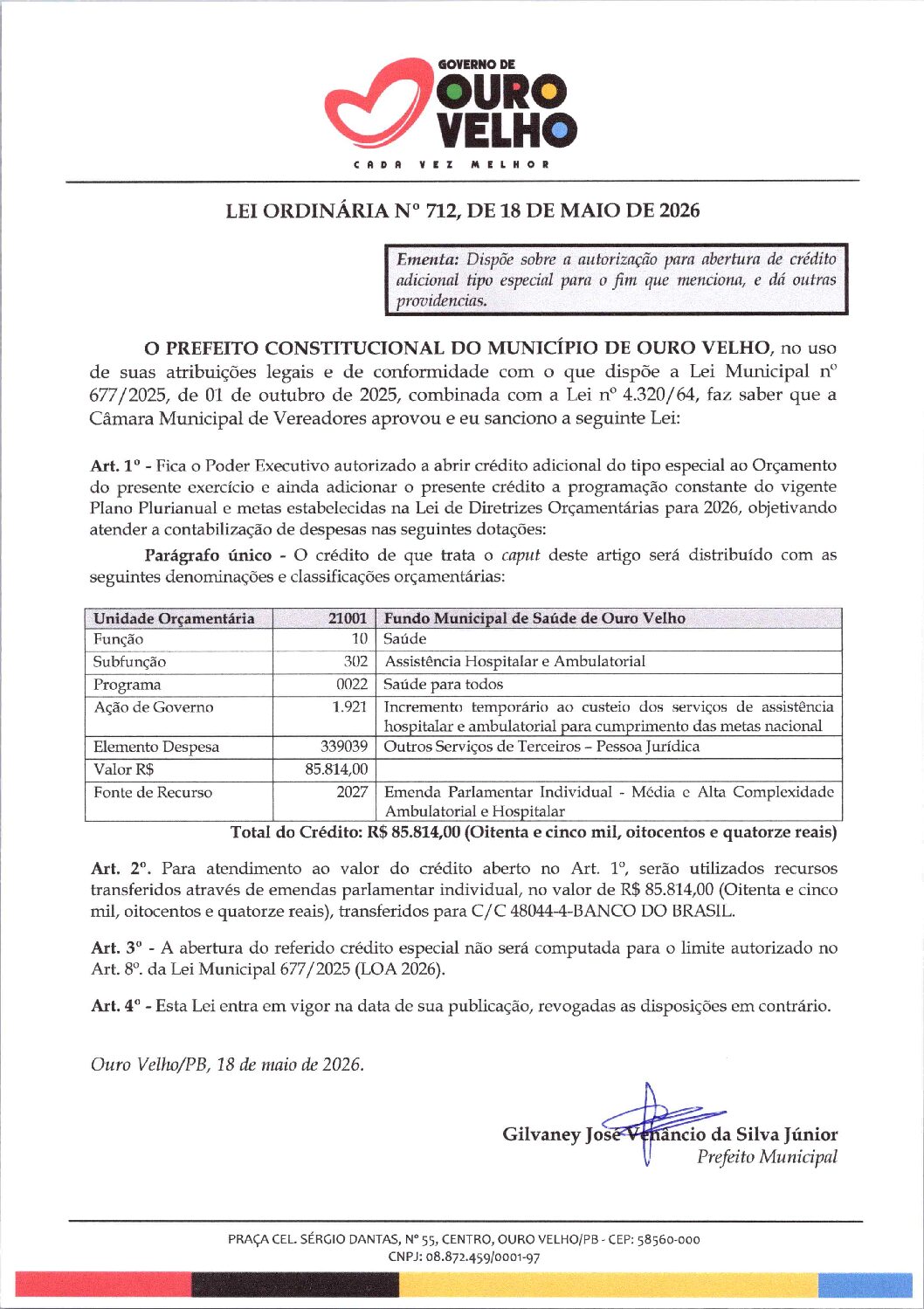Lei Ordinária nº 712.2026 Abertura de Crédito Especial Emenda Parlamentar Sec. Saúde