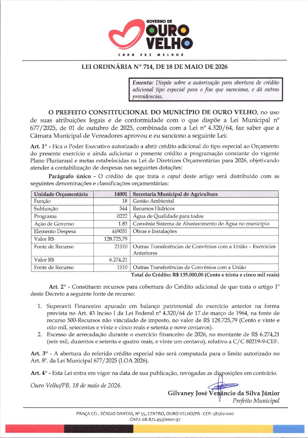 Lei Ordinária nº 714.2026 Abertura de Crédito Especial Convênio Abastecimento de Água Sec. Agricultura